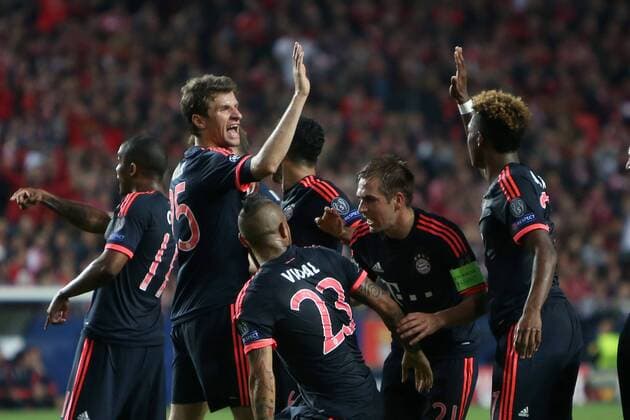 April 13, 2016 - Lisbon, Portugal - Bayern Munich s midfielder Arturo Vidal celebrates with teammates after scoring during the UEFA Champions League quarter-final second leg football match between SL Benfica and FC Bayern Munich at the Luz stadium in Lisbon on April 13, 2016.....................SL Benfica v FC Bayern Muenchen - UEFA Champions League Quarter Final: Second Leg  - ZUMAn230