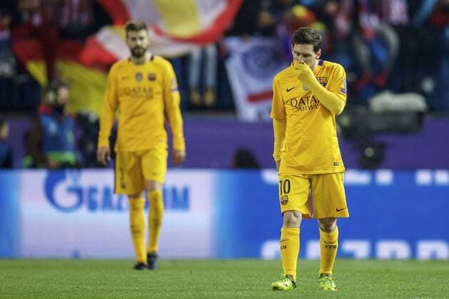 (L-R) Gerard Pique of FC Barcelona Barca Lionel Messi of FC Barcelona during the UEFA Champions League quarter-final match between Atletico Madrid and FC Barcelona on April 13, 2016 at the Vicente Calderon stadium in Madrid, Spain. Atletico Madrid v FC Barcelona UEFA Champions League 2015 2016 xVIxxIVx 5311962