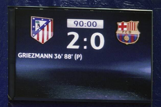 scoreboard during the UEFA Champions League quarter-final match between Atletico Madrid and FC Barcelona Barca on April 13, 2016 at the Vicente Calderon stadium in Madrid, Spain. Atletico Madrid v FC Barcelona UEFA Champions League 2015 2016 xVIxxIVx 5311967