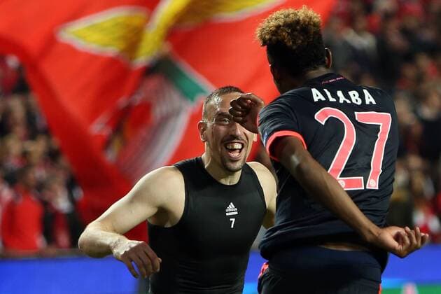 April 13, 2016 - Lisbon, Portugal - Bayern Munich s midfielder Franck Ribry and Bayern Munich s defender David Alaba celebrates the victory after the UEFA Champions League quarter-final second leg football match between SL Benfica and FC Bayern Munich at the Luz stadium in Lisbon on April 13, 2016...........SL Benfica v FC Bayern Muenchen - UEFA Champions League Quarter Final: Second Leg  - ZUMAn230