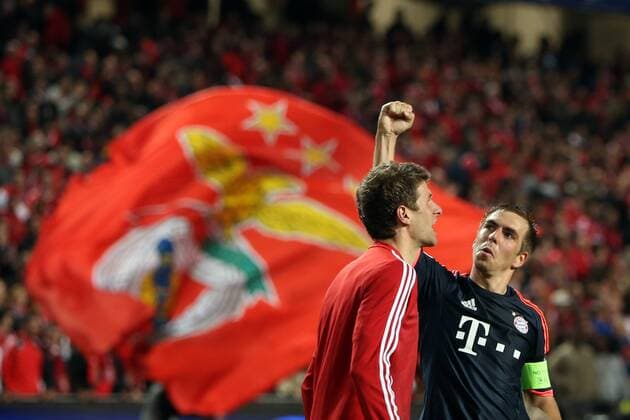 April 13, 2016 - Lisbon, Portugal - Bayern Munich s defender Philipp Lahm celebrates the victory after the UEFA Champions League quarter-final second leg football match between SL Benfica and FC Bayern Munich at the Luz stadium in Lisbon on April 13, 2016. UEFA Champions League quarter-final second leg football match SL Benfica vs FC Bayern Munich - ZUMAf123