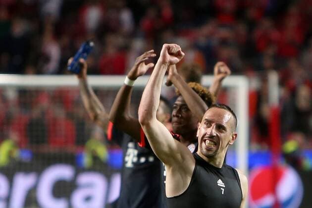 April 13, 2016 - Lisbon, Portugal - Bayern Munich s midfielder Franck RibÅ½ry and Bayern Munich s defender David Alaba celebrates the victory after the UEFA Champions League quarter-final second leg football match between SL Benfica and FC Bayern Munich at the Luz stadium in Lisbon on April 13, 2016. UEFA Champions League quarter-final second leg football match SL Benfica vs FC Bayern Munich - ZUMAf123