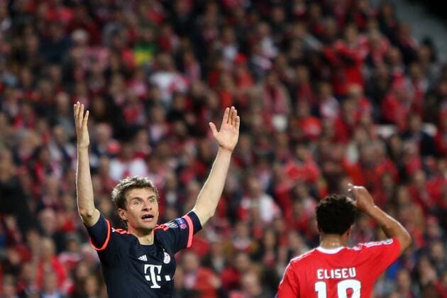 April 13, 2016 - Lisbon, Portugal - Bayern Munich s forward Thomas MÅ¸ller reacts during the UEFA Champions League quarter-final second leg football match between SL Benfica and FC Bayern Munich at the Luz stadium in Lisbon on April 13, 2016. UEFA Champions League quarter-final second leg football match SL Benfica vs FC Bayern Munich - ZUMAf123
