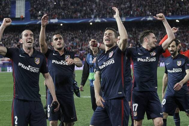 Atletico de Madrid s Diego Godin, Koke Resurrecccion, Lucas Hernandez, Saul Niguez and Juanfran Torres celebrate the victory in the Champions League 2015 2016 Quarter-Finals. April 13,2016.  (20160413244)