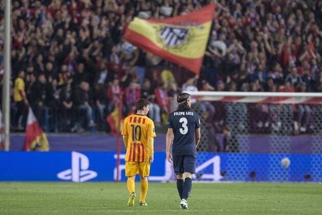 Atletico de Madrid s Filipe Luis and FC Barcelona Barca Lionel Messi during Champions League 2015 2016 Quarter-Finals 2nd leg match. April 13, 2016.  (20160413062)