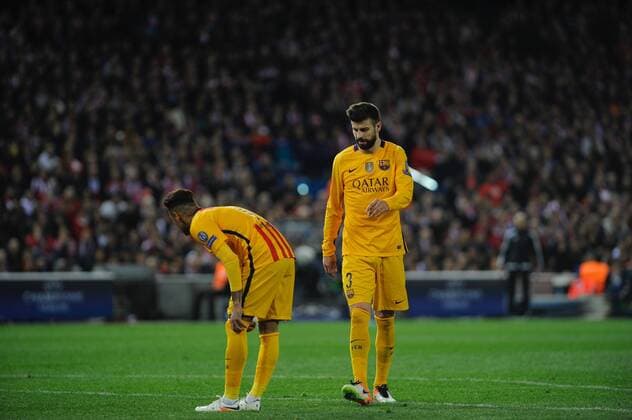 FC Barcelona Barca Forward, Neymar Da Silva Santos Junior - NEYMAR, number 11 . FC Barcelona Defender, Gerard Pique Bernabeu - GERARD PIQUE, number 3. Round Quarter-Finals 2nd leg of the CHAMPIONS league, soccer match between Atletico de Madrid - FC Barcelona at the Vicente Calderon estadium, Madrid - Spain (ESP) by April 13, 2016. PHOTO: Gregorio Lopez.  xGregorioxLopezx x SOCCERxSPAINx