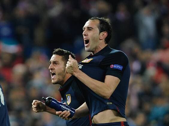Atletico de Madrid Defender, Diego Roberto Godin Leal - GODIN, number 2 . Atletico de Madrid Midfielder, Jorge Resurreccion Merodio - KOKE, number 6. Round Quarter-Finals 2nd leg of the CHAMPIONS league, soccer match between Atletico de Madrid - FC Barcelona Barca at the Vicente Calderon estadium, Madrid - Spain (ESP) by April 13, 2016. PHOTO: Gregorio Lopez.  xGregorioxLopezx x SOCCERxSPAINx
