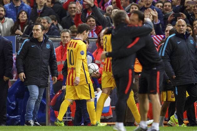 (L-R) Lionel Messi of FC Barcelona Barca Gerard Pique of FC Barcelona during the UEFA Champions League quarter-final match between Atletico Madrid and FC Barcelona on April 13, 2016 at the Vicente Calderon stadium in Madrid, Spain. Atletico Madrid v FC Barcelona UEFA Champions League 2015 2016 xVIxxIVx 5313445
