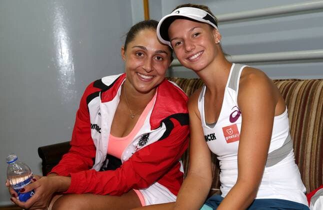 TENNIS - ITF, Fed Cup CAIRO,EGYPT,14.APR.16 - TENNIS - ITF, Fed Cup, Europe Africa Zone II, Group 1. Image shows Tamira Paszek and Barbara Haas (AUT). GEPAxpictures xWalterxLuger