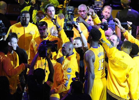 Los Angeles Lakers Kobe Bryant is introduced before his last game against the Utah Jazz at Staples Center in Los Angeles on April 13, 2016.  LAP20160413611 LORIxSHEPLER