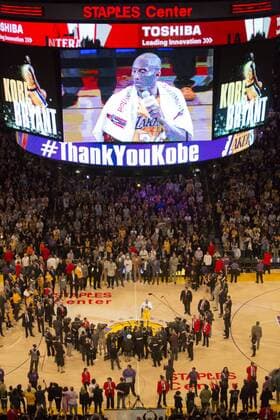 April 13, 2016 - Los Angeles, California, U.S - Kobe Bryant 24 of the Los Angeles Lakers addresses the crowd after scoring 60 points in his final NBA Basketball Herren USA game at Staples Center on Wednesday, April 13, 2016 in Los Angeles, California. The Lakers defeated the Utah Jazz 101-96. Lakers vs. Jazz - ZUMAp124