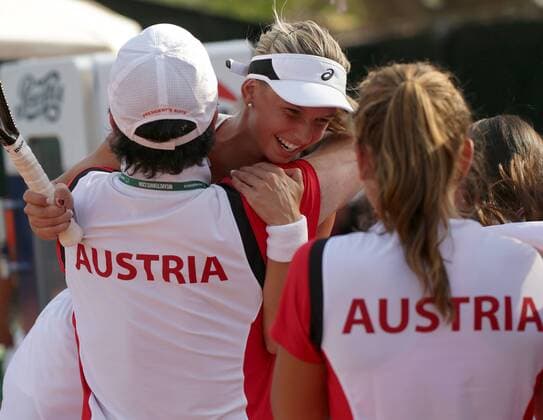 Bilder des Tages SPORT TENNIS - ITF, Fed Cup CAIRO,EGYPT,15.APR.16 - TENNIS - ITF, Fed Cup, Europe Africa Zone II, Group 1. Image shows the rejoicing of Barbara Haas (AUT). GEPAxpictures xWalterxLuger
