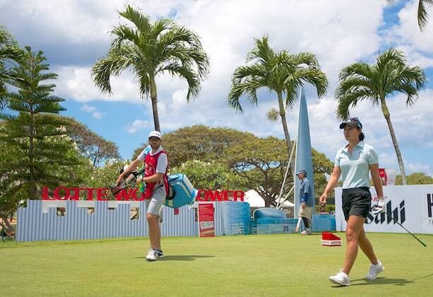 April 15, 2016 - Danielle Kang walks off the 1st hole tee box during the third round of the Lotte Championship presented by Hershey at Ko Olina Golf Club in Kapolei, HI LPGA Golf Damen Golf 2016: Lotte Championship APR 15 - ZUMAc04_
