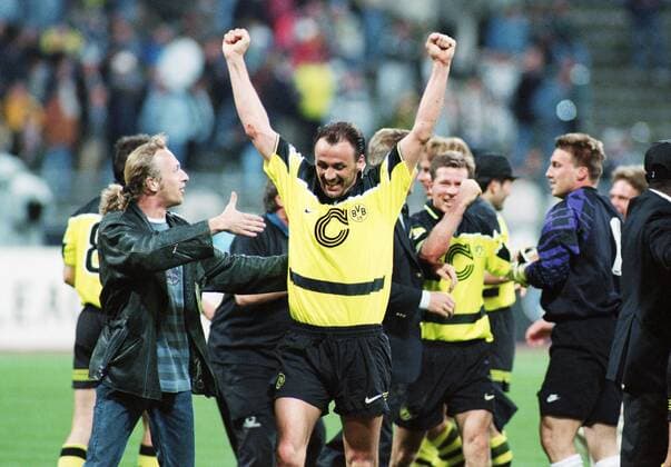 Juergen Jürgen Kohler, Stefan Reuter, Torwart Stefan Klos Jubel Freude Emotion Aktion nach Abpfiff Fußball Fussball UEFA Championsleague Finale Herren Saison 1996 1997 28.05.1997 BvB Borussia Dortmund - Juventus Turin 3:1 Olympiastadion Muenchen München