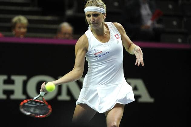16.04.2016. Messe Luzern, Lucerne, Switzerland. Fed Cup Semi Final. Switzerland Versus Czech Republic. Timea Bacsinszky in action in the match with Barbora Strycova of the Czech Republic xDavidxEmmx  ActionPlus11728480