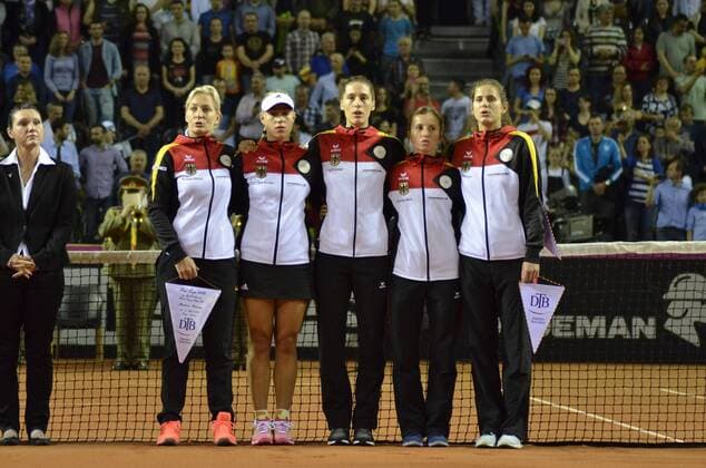 Tennis - Fed Cup - WORLD GROUP PLAY-OFF - Romania vs. Germany APR 2016 April 16, 2016: Captain Barbara RITTNER, Angelique KERBER, Annika BECK, Julia GOERGES, Andrea PETKOVIC during the Fed Cup - WORLD GROUP PLAY-OFF - Romania vs. Germany at Polyvalent Hall in Cluj-Napoca, Romania ROU.