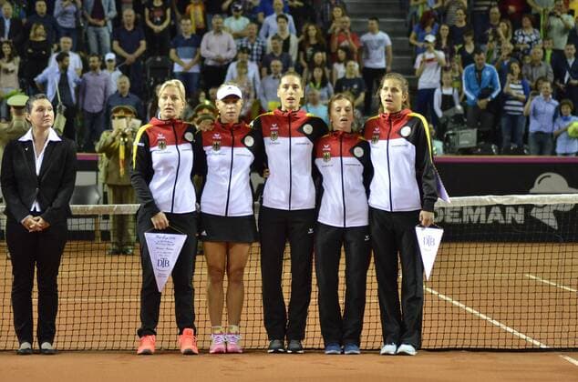 Tennis - Fed Cup - WORLD GROUP PLAY-OFF - Romania vs. Germany APR 2016 April 16, 2016: Captain Barbara RITTNER, Angelique KERBER, Annika BECK, Julia GOERGES, Andrea PETKOVIC during the Fed Cup - WORLD GROUP PLAY-OFF - Romania vs. Germany at Polyvalent Hall in Cluj-Napoca, Romania ROU.