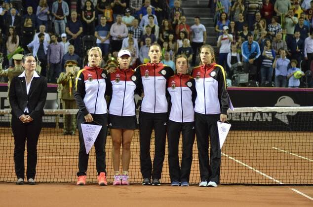 Tennis - Fed Cup - WORLD GROUP PLAY-OFF - Romania vs. Germany APR 2016 April 16, 2016: Captain Barbara RITTNER, Angelique KERBER, Annika BECK, Julia GOERGES, Andrea PETKOVIC during the Fed Cup - WORLD GROUP PLAY-OFF - Romania vs. Germany at Polyvalent Hall in Cluj-Napoca, Romania ROU.