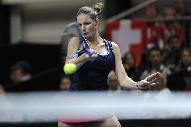 16.04.2016. Messe Luzern, Lucerne, Switzerland. Fed Cup Semi Final. Switzerland Versus Czech Republic. Karolina Pliskova in action in the match between Viktorija Golubic of Switzerland and Karolina Pliskova of the Czech Republic xDavidxEmmx  ActionPlus11728665