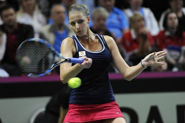 16.04.2016. Messe Luzern, Lucerne, Switzerland. Fed Cup Semi Final. Switzerland Versus Czech Republic. Karolina Pliskova in action in the match between Viktorija Golubic of Switzerland and Karolina Pliskova of the Czech Republic xDavidxEmmx  ActionPlus11728673