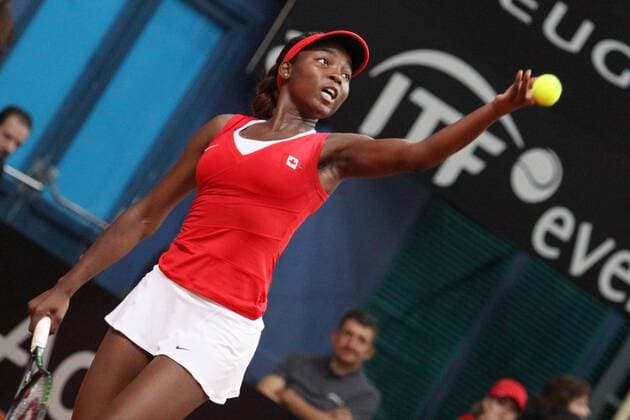 (160417) -- BRATISLAVA, April 17, 2016 -- Francoise Abanda of Canada competes during the match against Dominika Cibulkova of Slovakia at the Fed Cup World Group II Play-offs in Bratislava, Slovakia, April 16, 2016. Slovakia won 2-0. ) (SP)SLOVAKIA-BRATISLAVA-TENNIS-FED CUP AndrejxKlizan 