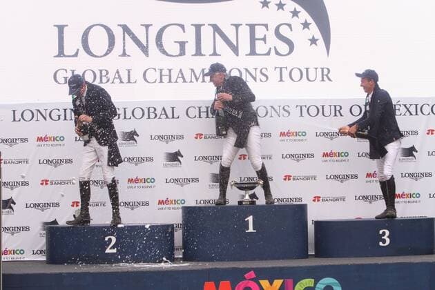 (From left) Belgian rider Jos Verloy (second), French rider Roger Yves Bost (winner), and Irish Allen Bertram (third), celebrate on podium after and event of Global Championship Tour s Mexico City Grand Prix in Mexico City, Mexico, 16 April 2016. EFE Sashenka Gutierrez Global Championship Tour s Grand Prix !ACHTUNG: NUR REDAKTIONELLE NUTZUNG!  20160417-635964839558025224