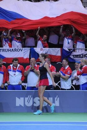 17.04.2016. Messe Luzern, Lucerne, Switzerland. Fed Cup Semi Final. Switzerland Versus Czech Republic. Karolina Pliskova celebrates in front of the Czech fans after the match between Timea Bacsinszky of Switzerland and Karolina Pliskova of the Czech Republic xDavidxEmmx  ActionPlus11729076