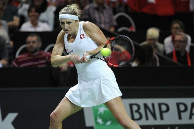 17.04.2016. Messe Luzern, Lucerne, Switzerland. Fed Cup Semi Final. Switzerland Versus Czech Republic. Timea Bacsinszky in action in the match between Timea Bacsinszky of Switzerland and Karolina Pliskova of the Czech Republic xDavidxEmmx  ActionPlus11729082