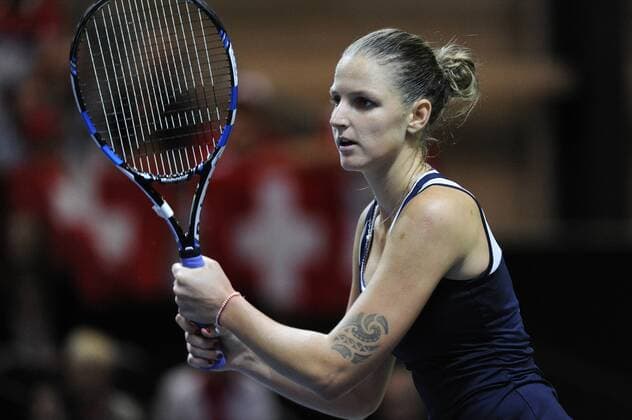 17.04.2016. Messe Luzern, Lucerne, Switzerland. Fed Cup Semi Final. Switzerland Versus Czech Republic. Karolina Pliskova in action in the match between Timea Bacsinszky of Switzerland and Karolina Pliskova of the Czech Republic xDavidxEmmx  ActionPlus11729087