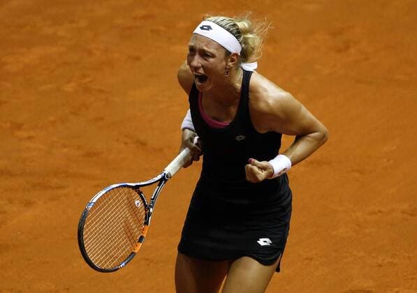 Belgian Yanina Wickmayer reacts during the women s tennis match between Belgian Yanina Wickmayer WTA Tennis Damen 42) and Serbian Aleksandra Krunic (WTA 120), game three of the World Group II Play-offs of the Fed Cup Europe Africa Group I, in Belgrade, Serbia, Sunday 17 April 2016. SRDJANxSTEVANOVIC  x04833673x