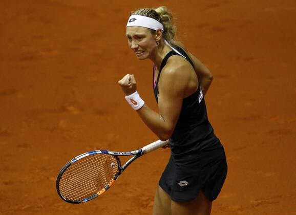 Belgian Yanina Wickmayer reacts during the women s tennis match between Belgian Yanina Wickmayer WTA Tennis Damen 42) and Serbian Aleksandra Krunic (WTA 120), game three of the World Group II Play-offs of the Fed Cup Europe Africa Group I, in Belgrade, Serbia, Sunday 17 April 2016. SRDJANxSTEVANOVIC  x04833677x