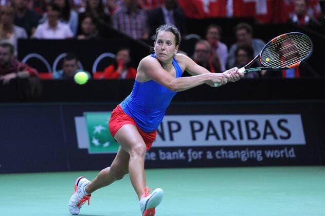 17.04.2016. Messe Luzern, Lucerne, Switzerland. Fed Cup Semi Final. Switzerland Versus Czech Republic. Barbora Strycova in action in the match between Viktorija Golubic of Switzerland and Barbora Strycova of the Czech Republic xDavidxEmmx  ActionPlus11729298
