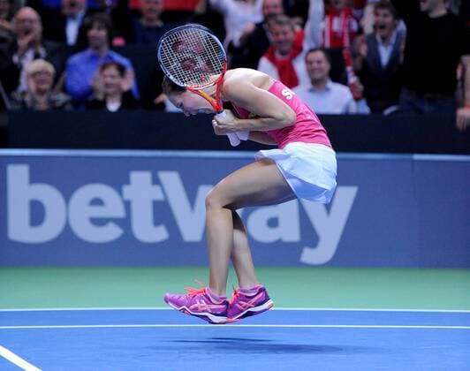 17.04.2016. Messe Luzern, Lucerne, Switzerland. Fed Cup Semi Final. Switzerland Versus Czech Republic. Viktorija Golubic in action in the match between Viktorija Golubic of Switzerland and Barbora Strycova of the Czech Republic xDavidxEmmx  ActionPlus11729300