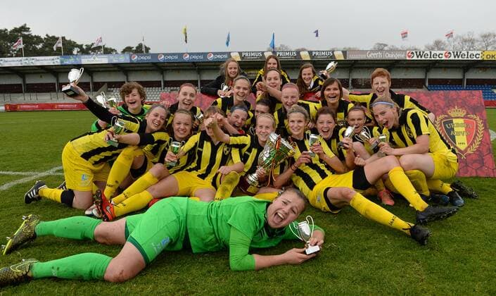 Lierse s players pictured celebrating after winning the Cup after a soccer game between Lierse SK and RSC Anderlecht, the women s cup final in Westerlo, Sunday 17 April 2016. DAVIDxCATRY  x04833802x