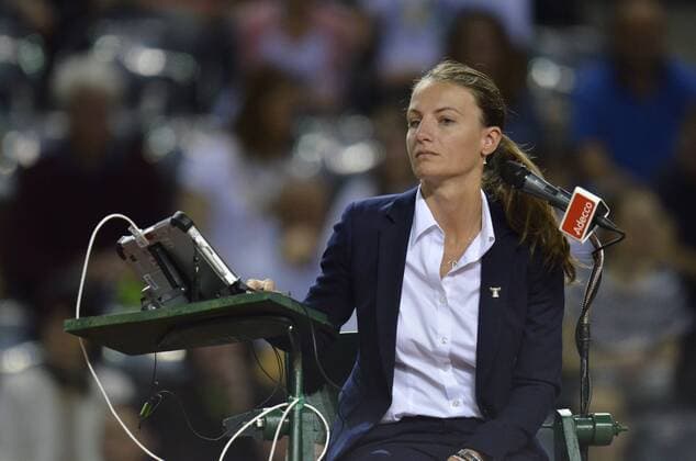 Tennis - Fed Cup - WORLD GROUP PLAY-OFF - Romania vs. Germany APR 2016 April 17, 2016: Eva ASDERAKI MOORE the chair umpire during the Fed Cup - WORLD GROUP PLAY-OFF - Romania vs. Germany at Polyvalent Hall in Cluj-Napoca, Romania