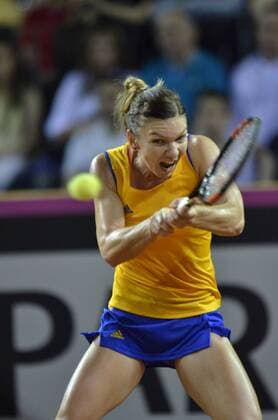 Tennis - Fed Cup - WORLD GROUP PLAY-OFF - Romania vs. Germany APR 2016 April 17, 2016: Simona HALEP (ROU) during the Fed Cup - WORLD GROUP PLAY-OFF - Romania vs. Germany at Polyvalent Hall in Cluj-Napoca, Romania