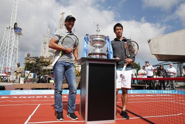 BARCELONA -april 18- SPAIN: Rafa Nadal and Kei Nishikori in the photo presentation of the Open Banc Sabadell tournament in the Tibidabo amusement park, on april 18, 2016. Photo:Joan Valls Urbanandsport Cordon Press  xJoanxValls Urbanandsportx xNADAL-NISHIKORI-PHOTO-PRESENTATION-OPEN-BANC-SABADELL-TENNISx