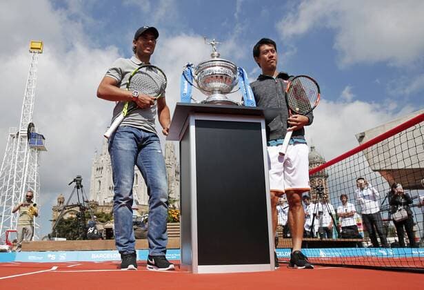 BARCELONA -april 18- SPAIN: Rafa Nadal and Kei Nishikori in the photo presentation of the Open Banc Sabadell tournament in the Tibidabo amusement park, on april 18, 2016. Photo:Joan Valls Urbanandsport Cordon Press  xJoanxValls Urbanandsportx xNADAL-NISHIKORI-PHOTO-PRESENTATION-OPEN-BANC-SABADELL-TENNISx