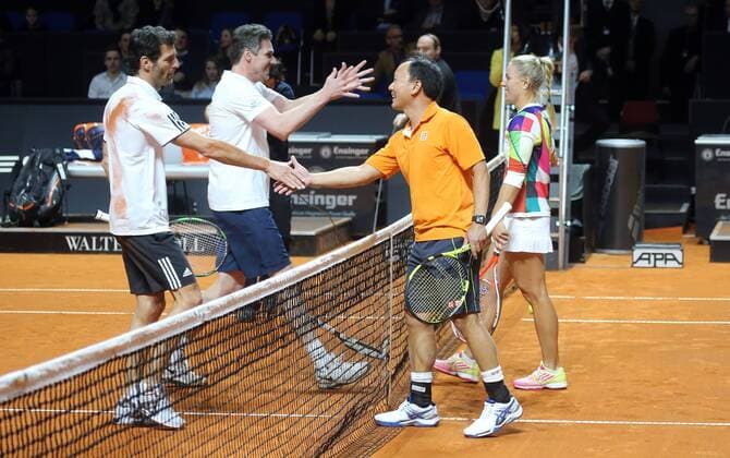 Porsche Tennis Grand Prix 2016 Deutschland, Stuttgart, 18.04.2016, Tennis, Porsche Tennis Grand Prix 2016, Stuttgart: v.l. Mark Webber, Michael Stich, Michael Chang, Angelique Kerber.