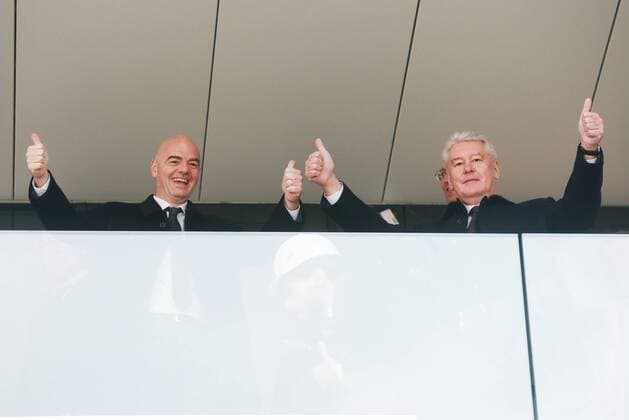 MOSCOW, RUSSIA. APRIL 19, 2016. FIFA president Gianni Infantino (L) and the mayor of Moscow, Sergei Sobyanin give thumbs up as they inspect the Luzhniki Grand Sports Arena Stadium, which is currently under extensive renovation. The stadium is to host football matches of the 2018 FIFA World Cup WM Weltmeisterschaft Fussball Sergei Fadeichev TASS  TS020003