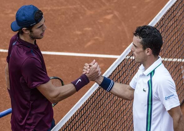 April 19, 2016 - Barcelona, Catalonia, Spain - KAREN KHACHANOV (RUS) is congratulated by ROBERTO BAUTISTA (ESP) at the end of their match in the 2nd round of the Barcelona Open Banc Sabadell 2016. Khachanov wins in three sets 6-2, 6-7, 6-3 Khachanov Beats Bautista To Reach Round Three Of Barcelona Open - ZUMAo105