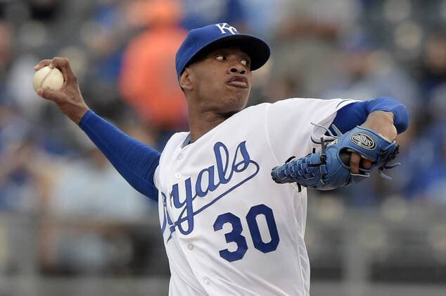 April 19, 2016 - Kansas City, MO, USA - Kansas City Royals pitcher Yordano Ventura throws in the first inning against the Detroit Tigers on Tuesday, April 19, 2016, at Kauffman Stadium in Kansas City, Mo. Detroit at Kansas City - ZUMAm67_