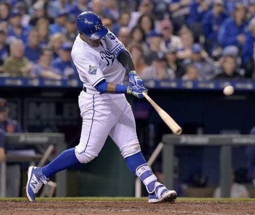 April 19, 2016 - Kansas City, MO, USA - The Kansas City Royals Salvador Perez connects on a three-run home run in the fifth inning against the Detroit Tigers on Tuesday, April 19, 2016, at Kauffman Stadium in Kansas City, Mo. Detroit at Kansas City - ZUMAm67_