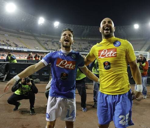 Italy: SSC Napoli beats Bologna with 6-0 score Dries Martens and Pepe Reina celebrated under the curve at the end of the game, during the Serie A match between SSC Napoli and Bologna at San Paolo stadium where SSC Napoli wins over Bologna at 6-0.  ErnestoxVicinanza