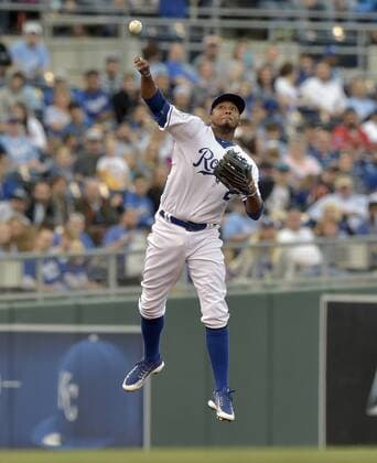 April 20, 2016 - Kansas City, MO, USA - Kansas City Royals shortstop Alcides Escobar fields and throws out the Detroit Tigers J.D. Martinez at first to end the top of the fourth inning on Wednesday, April 20, 2016, at Kauffman Stadium in Kansas City, Mo. Detroit at Kansas City - ZUMAm67_