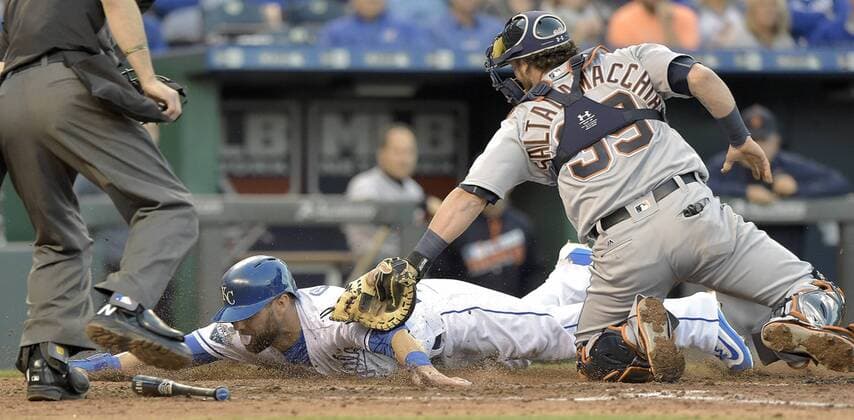 April 20, 2016 - Kansas City, MO, USA - The Kansas City Royals Alex Gordon is tagged out by Detroit Tigers catcher Jarrod Saltalamacchia, right, trying to advance to home on a double play hit into by Jarrod Dyson to end the fifth inning on Wednesday, April 20, 2016, at Kauffman Stadium in Kansas City, Mo. Detroit at Kansas City - ZUMAm67_