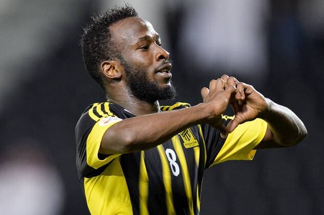 Fhad Almuwallad of Saudi Arabia s Al-Ittihad celebrates after scoring the second goal against Iran s Foolad Mobarakeh Sepahan during the AFC Asian Champions League Group A match in Doha, Qatar, April 20, 2016. Al-Ittihad won 4-0. ) (SP)QATAR-DOHA-AFC-ASIAN CHAMPIONS LEAGUE-GROUP A Nikku 