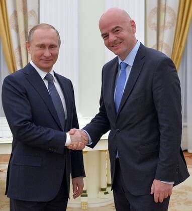 April 20, 2016 - Moscow, RUSSIA - Russian President Vladimir Putin, left, shakes hands with FIFA President Gianni Infantino during their meeting in the Kremlin in Moscow, Wednesday, April 20, 2016. Russia World Cup 2018 - ZUMAp124