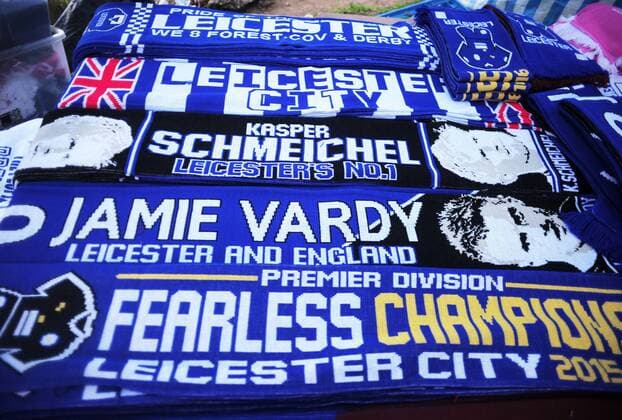 Football - 2015 2016 Premier League - Leicester City vs. West Ham United Leicester City Football scarfs for sale at the King Power Stadium. COLORSPORT ANDREW COWIE 