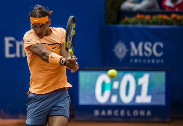 April 21, 2016 - Barcelona, Catalonia, Spain - RAFAEL NADAL (ESP) returns the ball to Albert Montanes (ESP) during the 3rd round of the Barcelona Open Banc Sabadell 2016. Nadal wins 6-2, 6-2 Nadal Reaches Quarter Finals At Barcelona Open 2016 - ZUMAo105